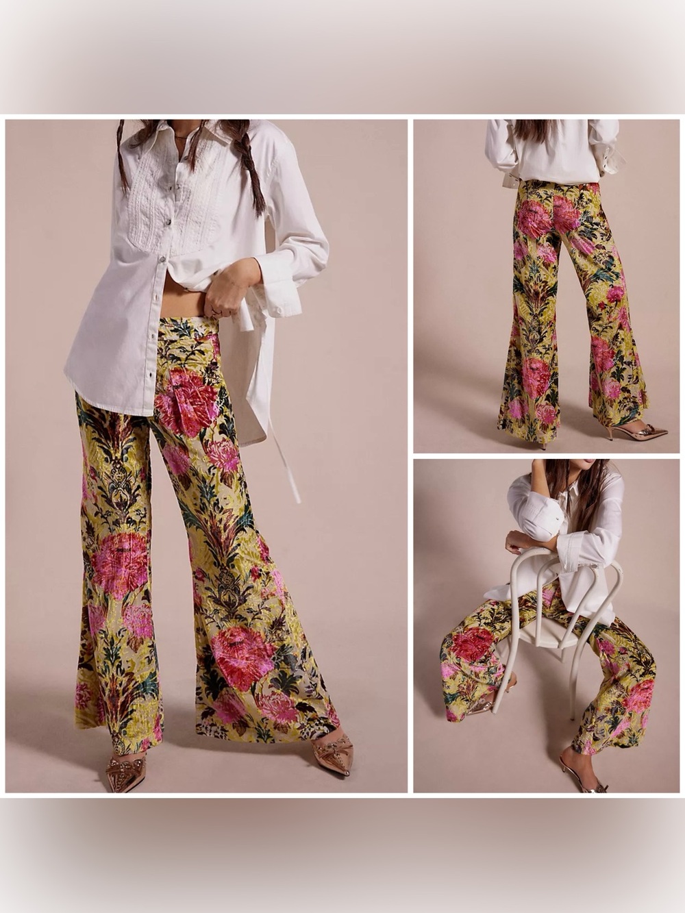 NWT Free People Night Sky Burnout Velvet Pants - yellow combo - Size 0